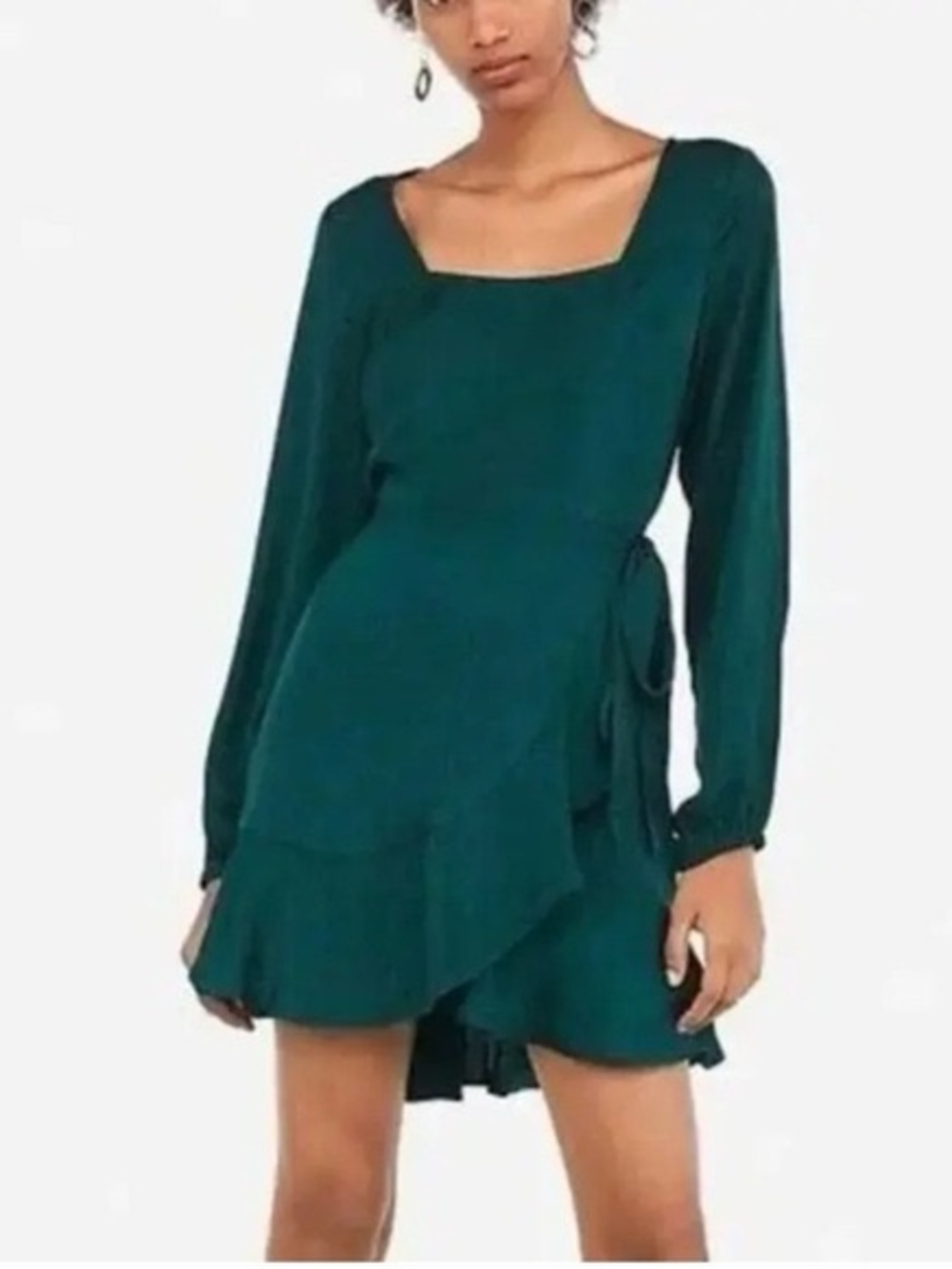 Express Emerald Green Long-Sleeve Wrap Mini Dress